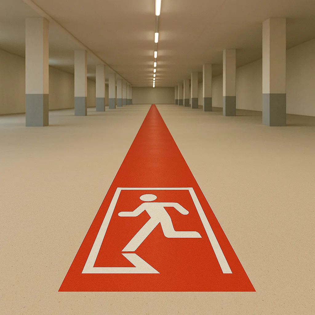 Fluchtweg-Symbol in Rot auf hell beschichtetem Boden