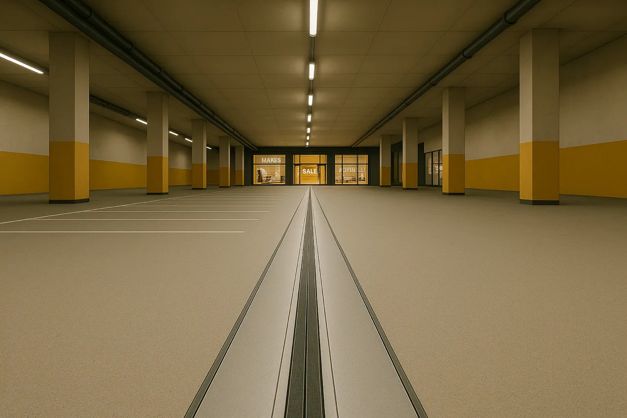 Parkgarage mit Mittelrinne und glatter Fuge